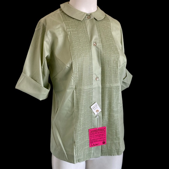 Vintage 60’s NWT Lady Manhattan Pintuck Pleat Front Button Up Shirt Sage M-L - Picture 2 of 8